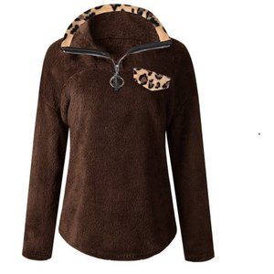 NWT Brown Leopard sherpa stretch Plush Quarter-zip Teddy Pullover Long s…